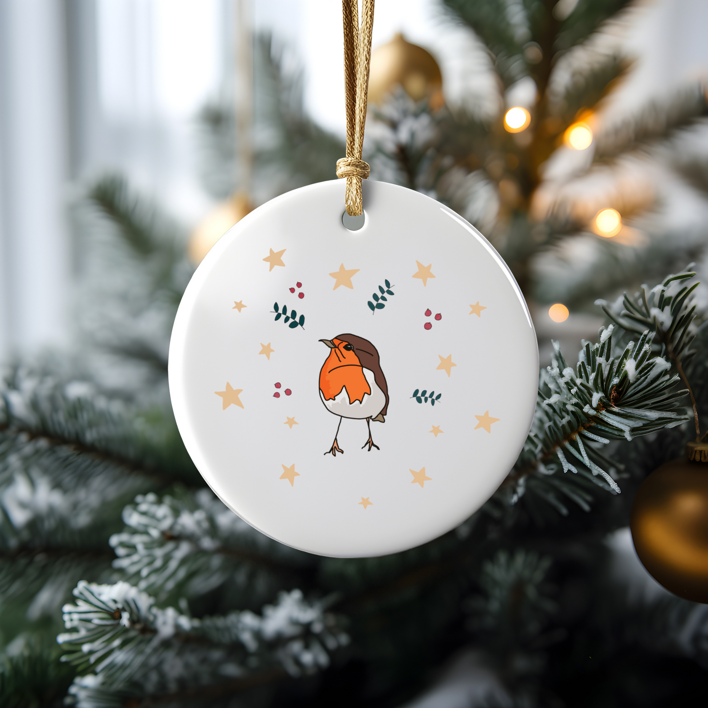 Robin with Berries Ceramic Bauble