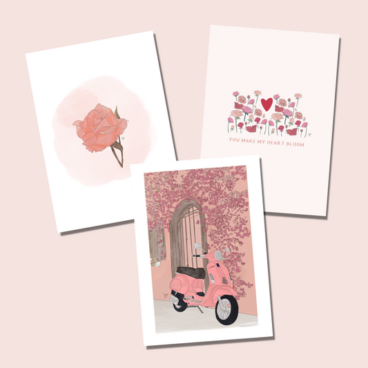 Illustrated Love Note Pack - Pink Vespa, Rose & “You Make My Heart Bloom”