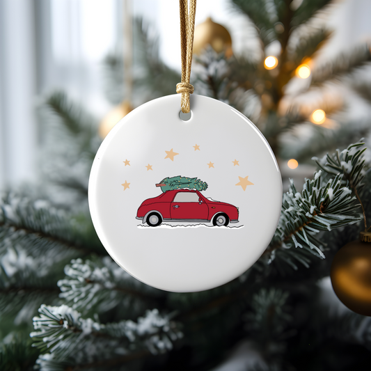 Red Car with Christmas Tree Ceramic Bauble